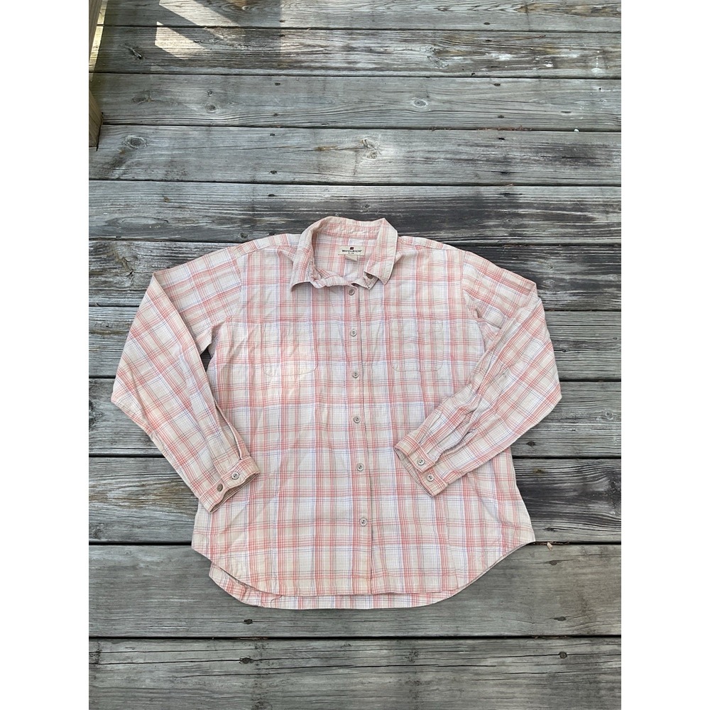 Woolrich Button Up Shirt Women's Size XLP Plaid Long Sleeve Peach Beige